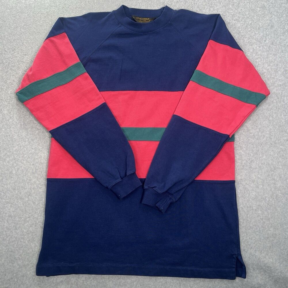 Vintage Eddie Bauer Crew neck Rugby Shirt 80s Medium thick cotton blue pink RARE
